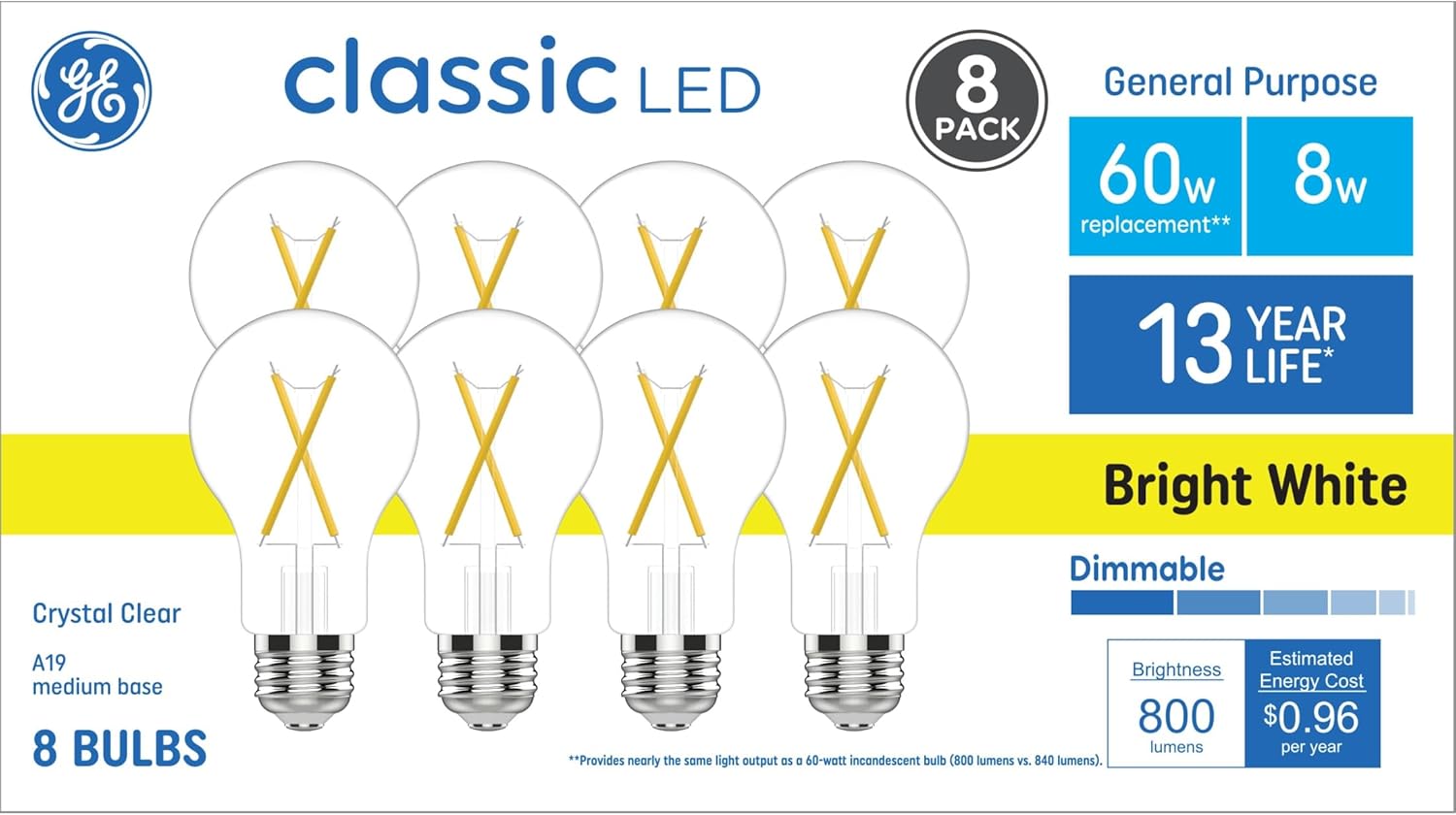 GE Classic A19 Daylight 60-Watt EQ Dimmable LED Light Fixture Light Bulbs 