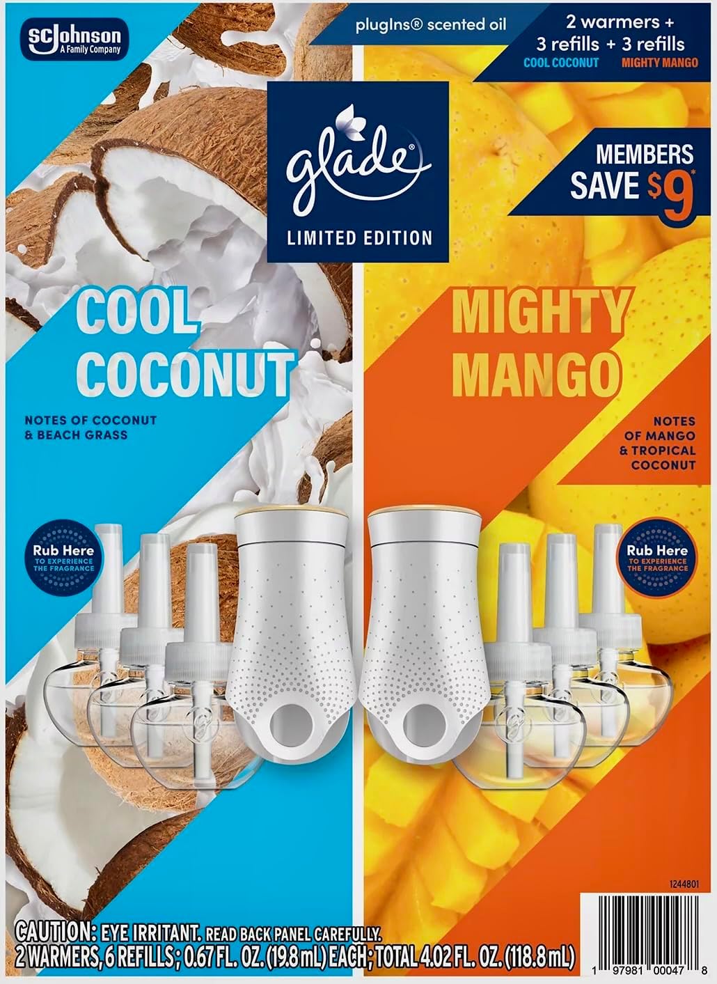Glade Limited-Edition Cool Coconut & Mighty Mango, 6 Scented Oil Refills + 2 Warmers