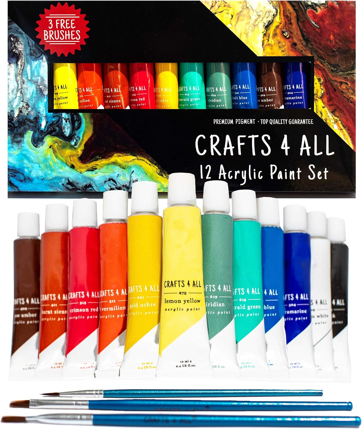Crafts 4 ALL Acrylic Paint Set - 12 Paints for Canvas, Wood, Ceramic, Fabric - Non Toxic, Vibrant Pigments for Beginners, Students and Professional