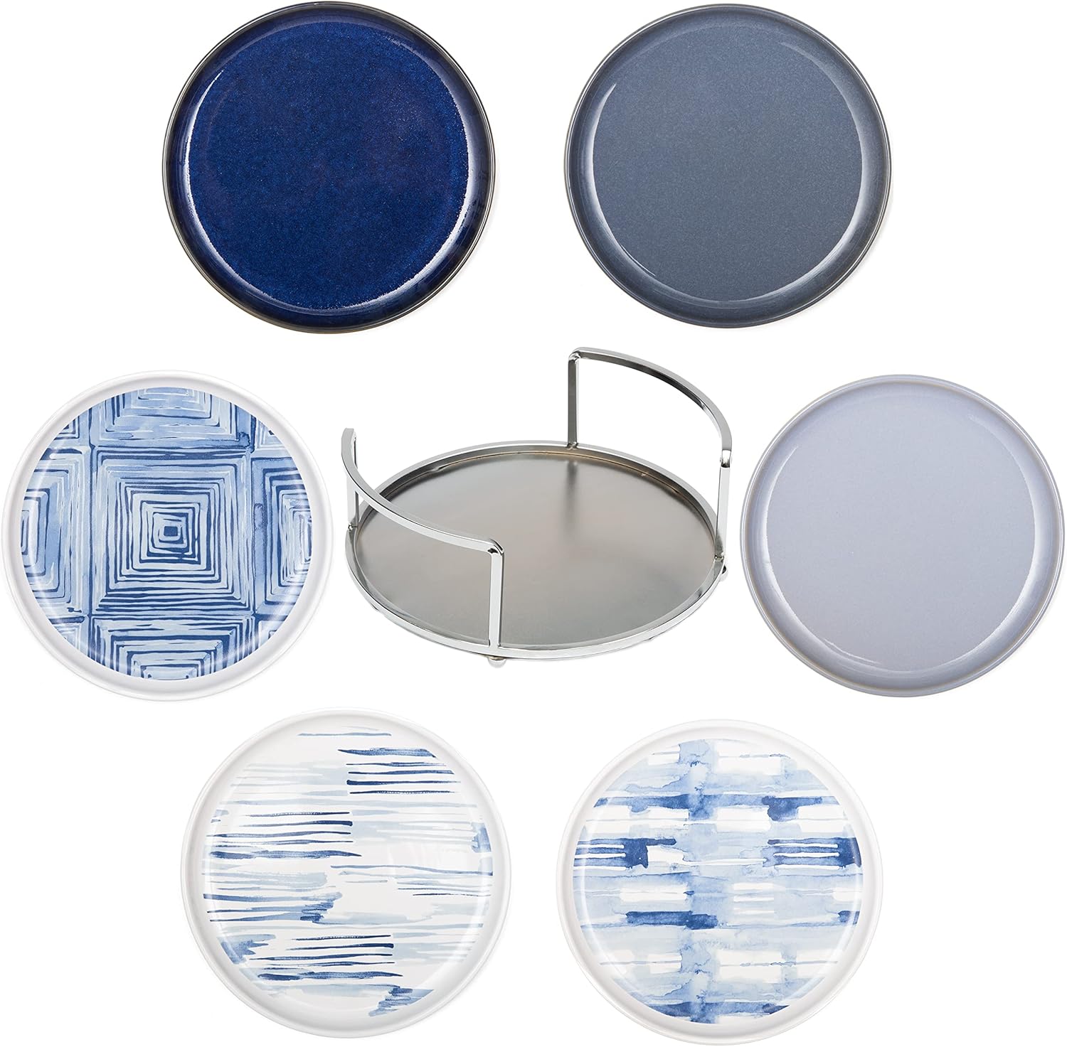 Thirstystone Dinnerware Plates & Iron Caddy for Carrying, Assorted Designs, Made from Ceramic, Set of 6 - Meadow, Blue