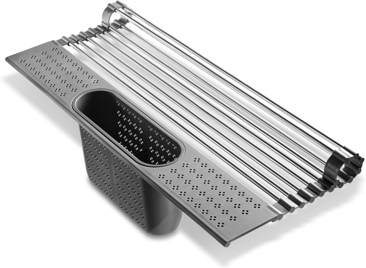 Edge Roll Up Dish Drainer, Over The Sink Multi-Purpose Foldable Drying Rack, Silicone Coated Gray, Large - 20"(L) x 11.02"(W)