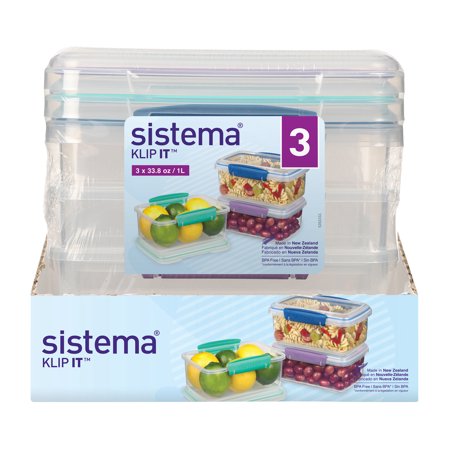 Sistema Klip It Food Storage Containers, 1 L, Assorted Colours, 3 Pack